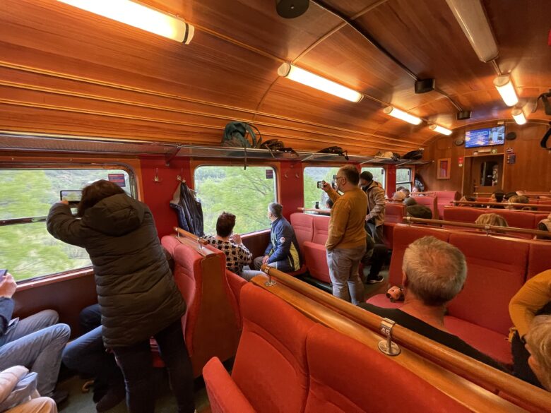 フロム鉄道から絶景を写真に収める乗客たち